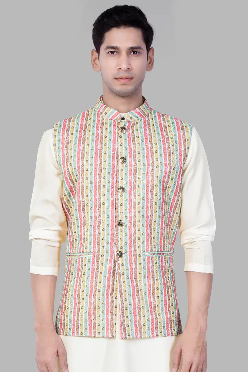 Froly Pink And Apple Blossom Brown Multicolour Designer Thread Embroidered Nehru Jacket 2