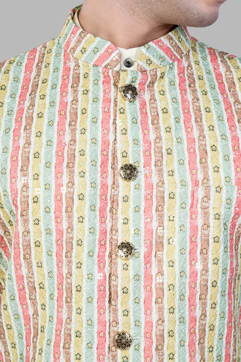 Froly Pink And Apple Blossom Brown Multicolour Designer Thread Embroidered Nehru Jacket 4