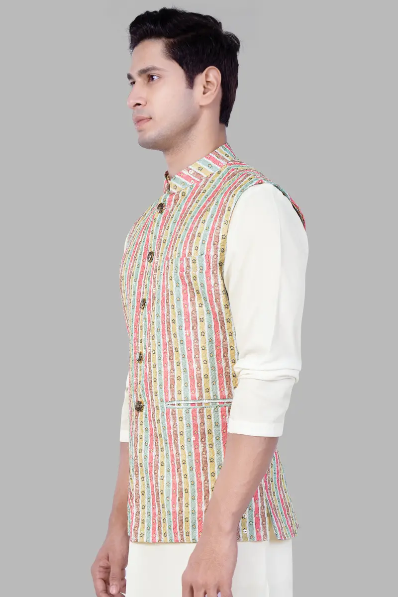 Froly Pink And Apple Blossom Brown Multicolour Designer Thread Embroidered Nehru Jacket 5