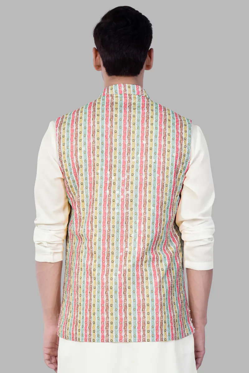 Froly Pink And Apple Blossom Brown Multicolour Designer Thread Embroidered Nehru Jacket 6