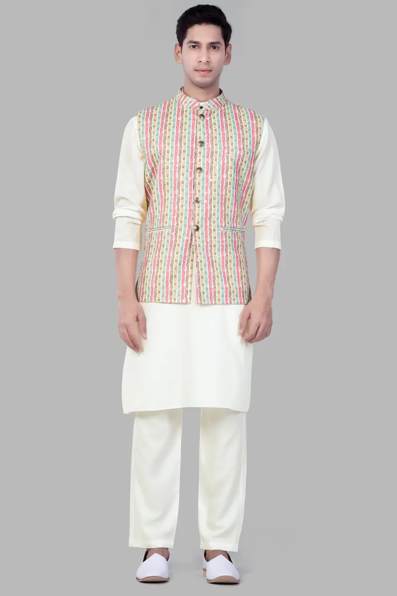 Froly Pink And Apple Blossom Brown Multicolour Designer Thread Embroidered Nehru Jacket 7