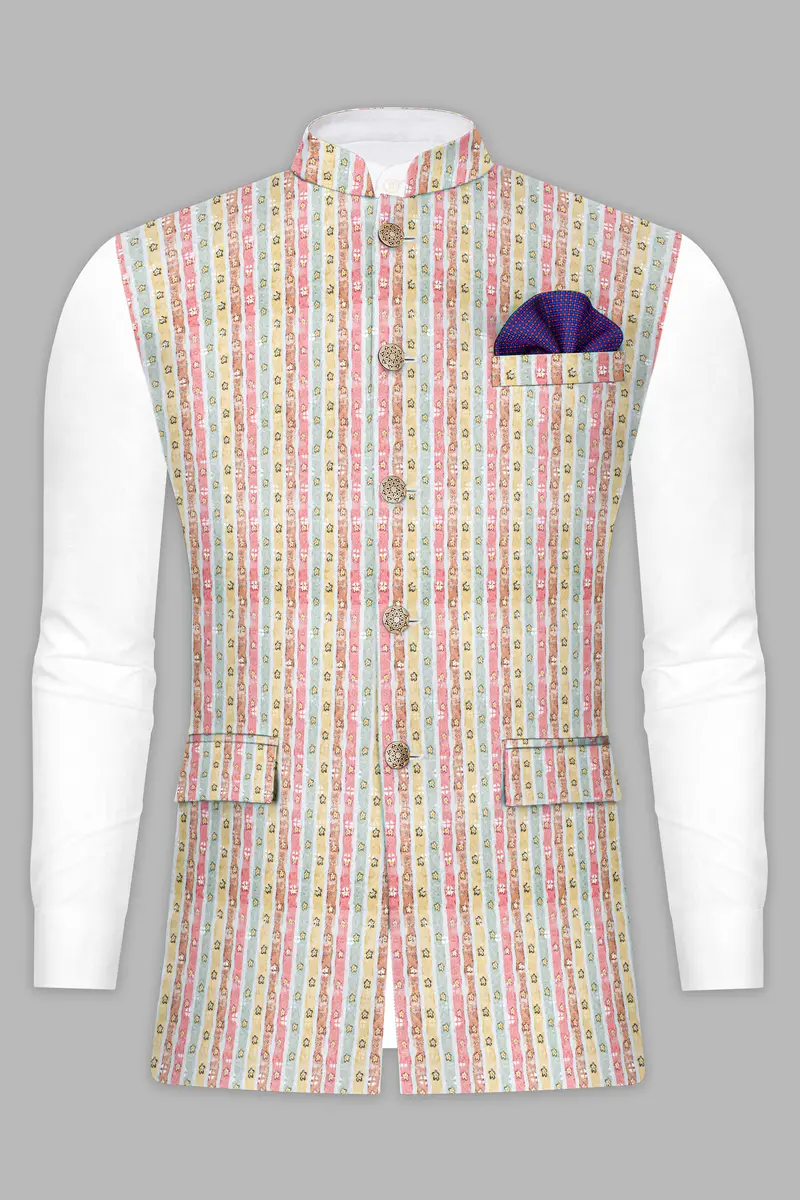 Froly Pink And Apple Blossom Brown Multicolour Designer Thread Embroidered Nehru Jacket 8