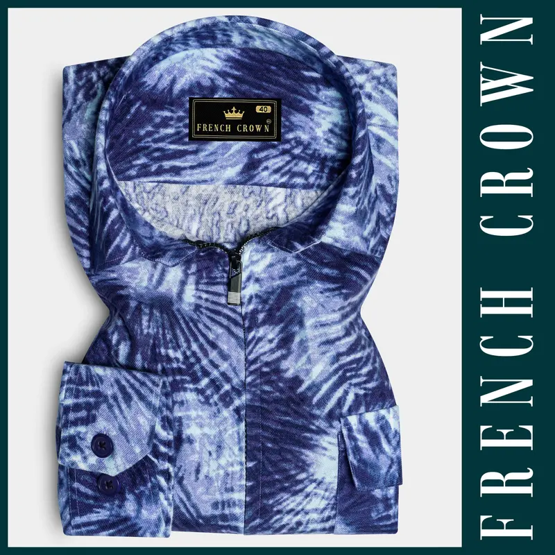 Frost Indigo-Blue And Bright White Dry Printed Flannel Casual Zipper Closure Designer Shirt 1