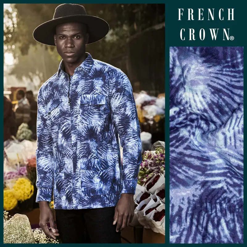 Frost Indigo-Blue And Bright White Dry Printed Flannel Casual Zipper Closure Designer Shirt 12