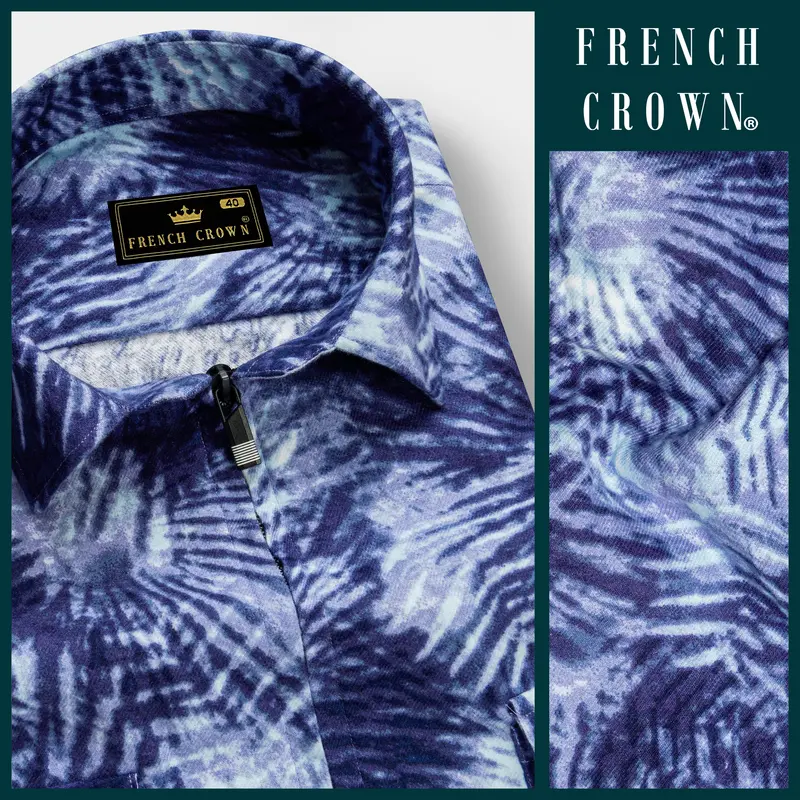 Frost Indigo-Blue And Bright White Dry Printed Flannel Casual Zipper Closure Designer Shirt 13