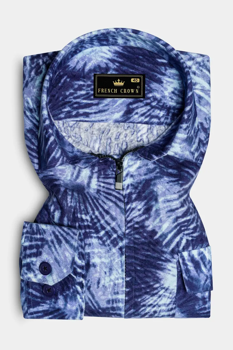 Frost Indigo-Blue And Bright White Dry Printed Flannel Casual Zipper Closure Designer Shirt 2