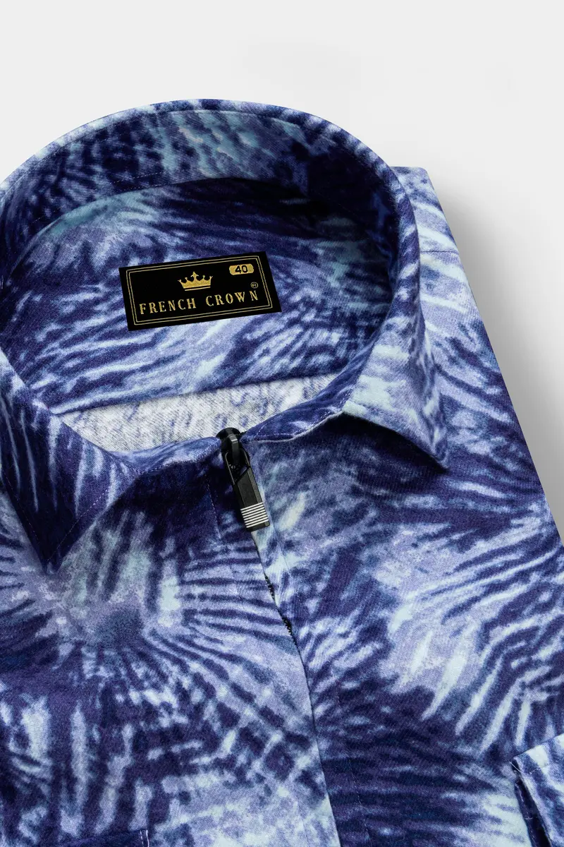 Frost Indigo-Blue And Bright White Dry Printed Flannel Casual Zipper Closure Designer Shirt 4