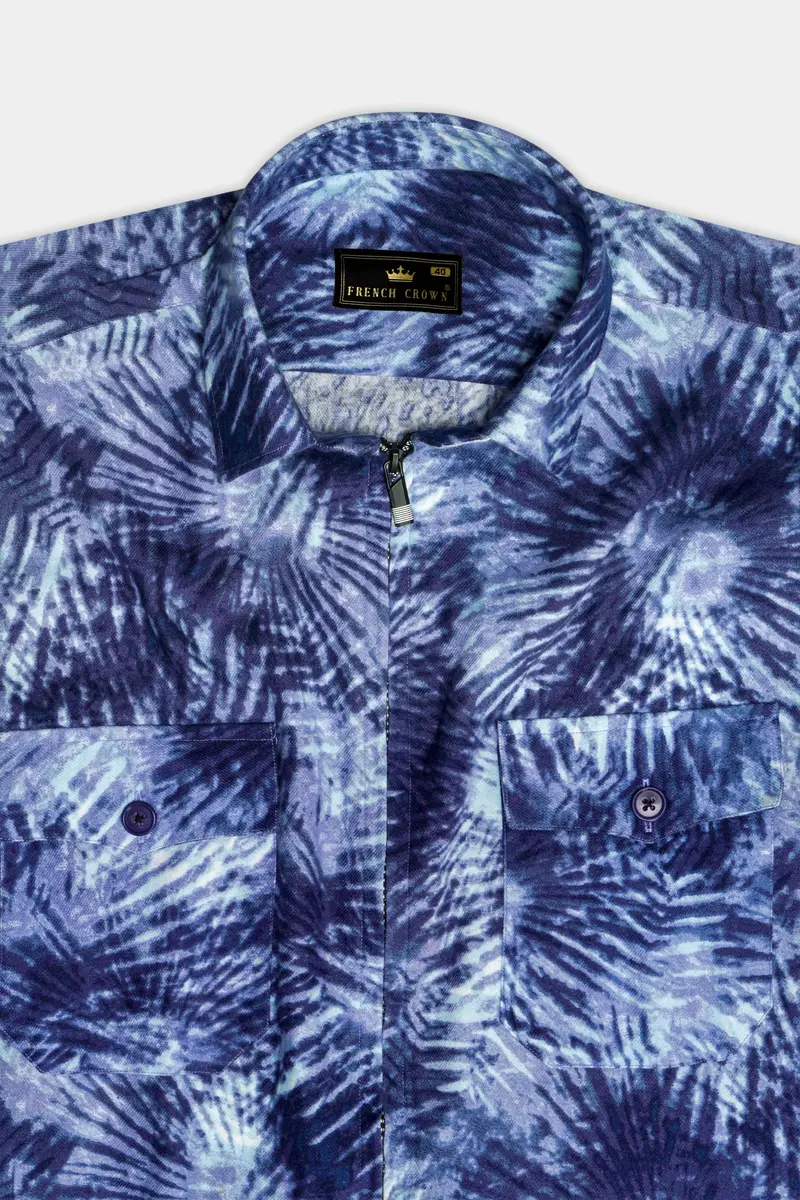 Frost Indigo-Blue And Bright White Dry Printed Flannel Casual Zipper Closure Designer Shirt 5