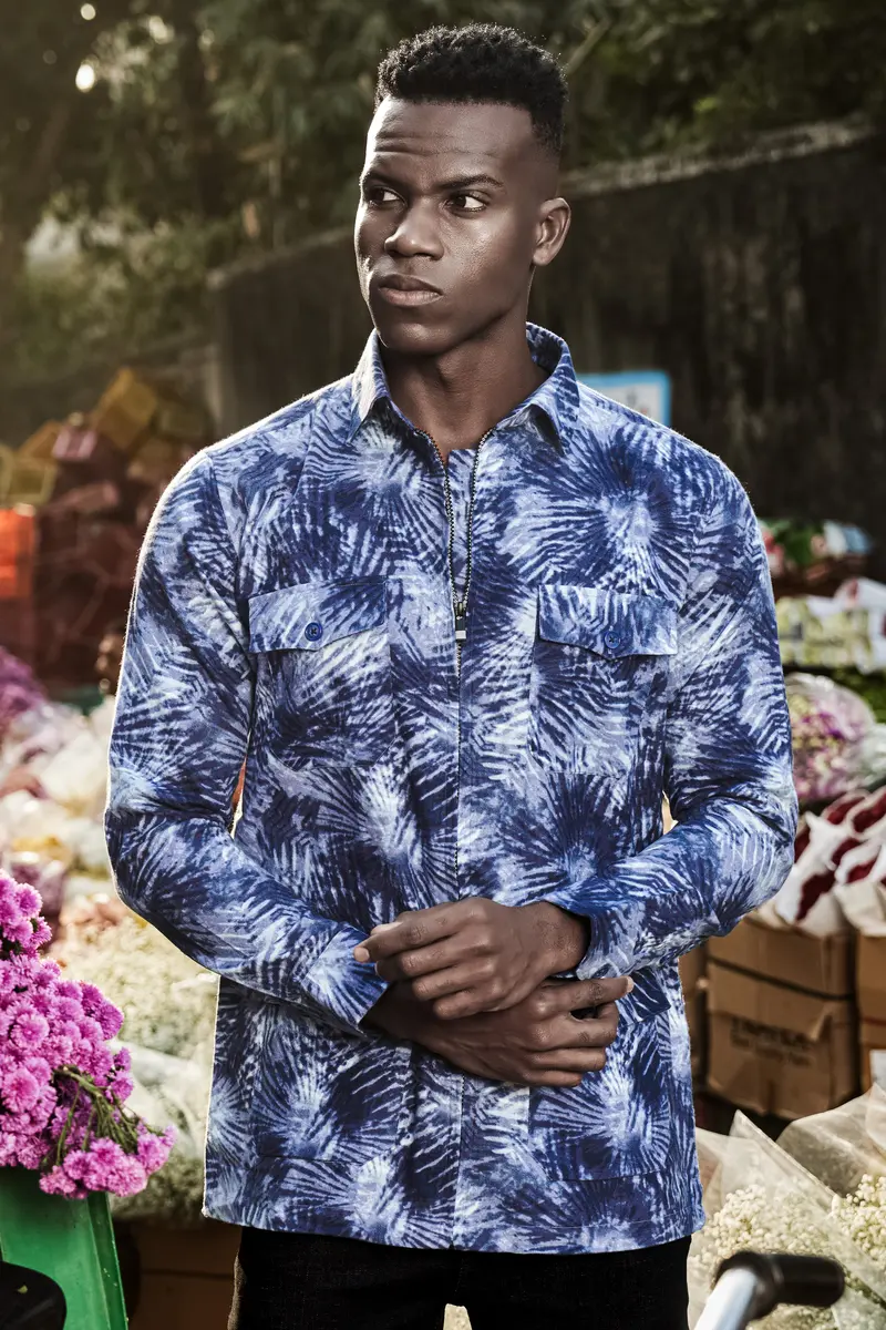 Frost Indigo-Blue And Bright White Dry Printed Flannel Casual Zipper Closure Designer Shirt 7