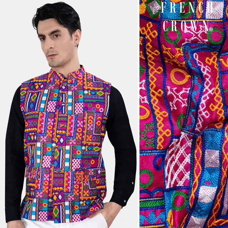 Fuchsia Pink And Smalt Blue Multicolour Cotton Thread Embroidered Nehru Jacket 1