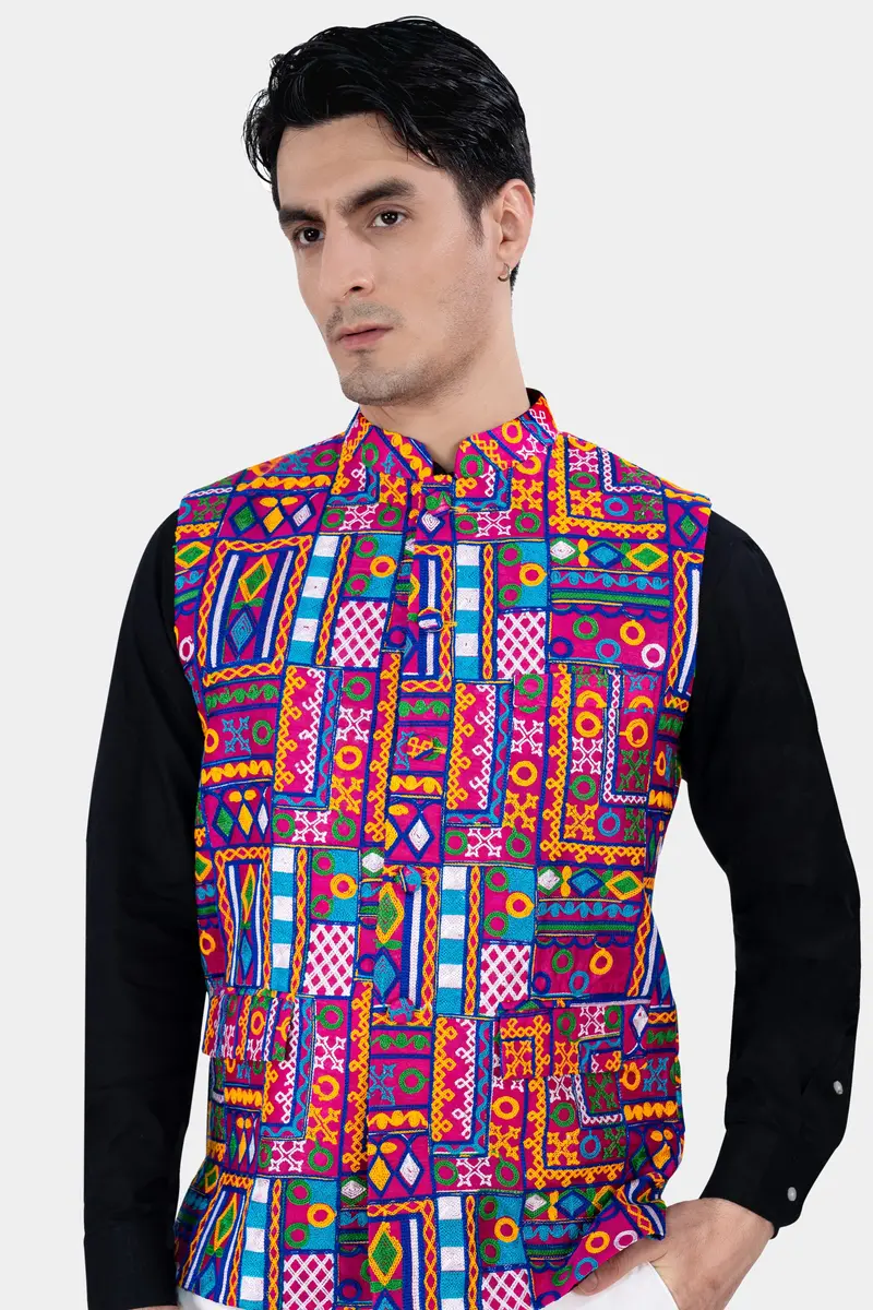 Fuchsia Pink And Smalt Blue Multicolour Cotton Thread Embroidered Nehru Jacket 2