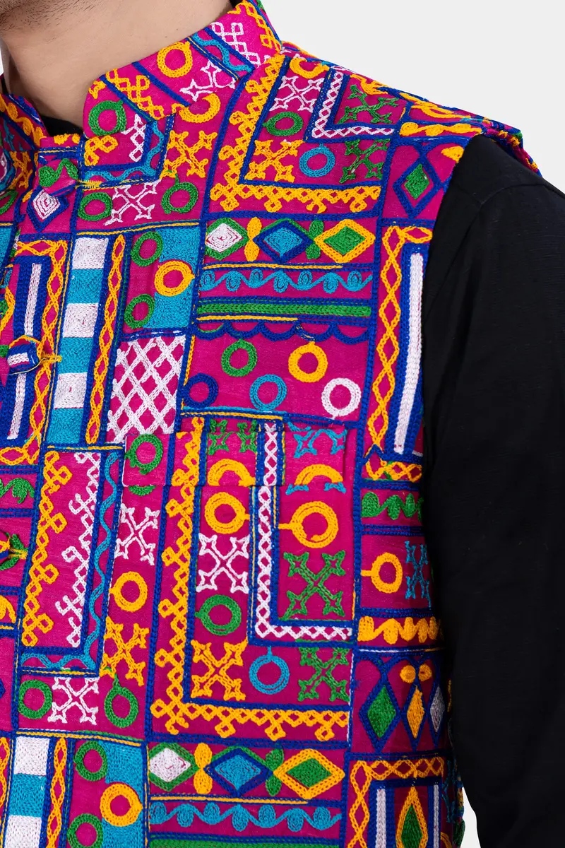 Fuchsia Pink And Smalt Blue Multicolour Cotton Thread Embroidered Nehru Jacket 4