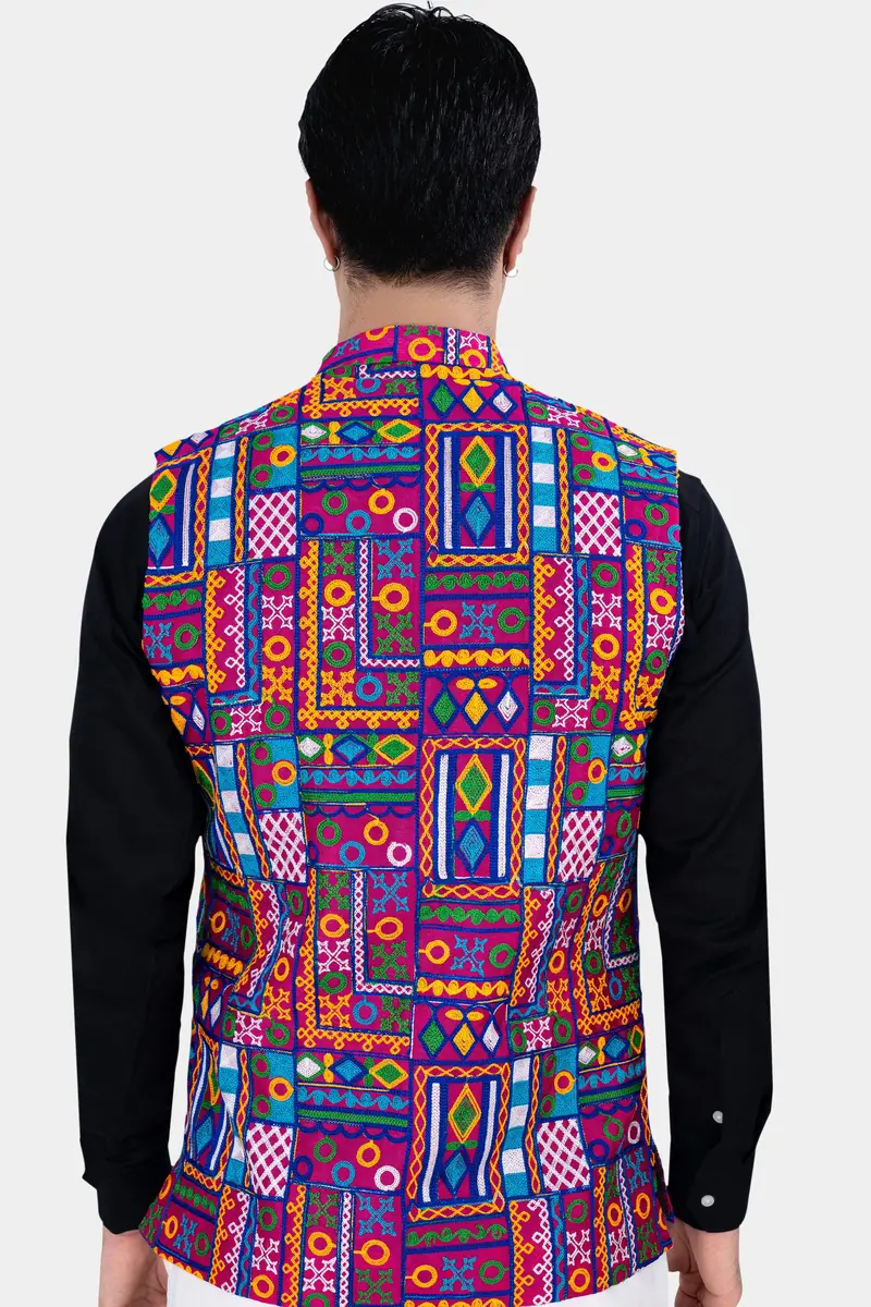 Fuchsia Pink And Smalt Blue Multicolour Cotton Thread Embroidered Nehru Jacket 5