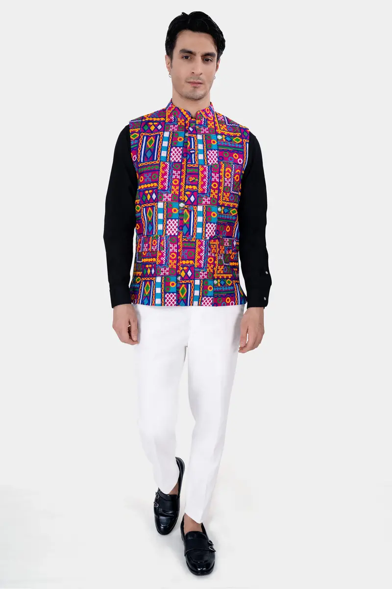Fuchsia Pink And Smalt Blue Multicolour Cotton Thread Embroidered Nehru Jacket 6