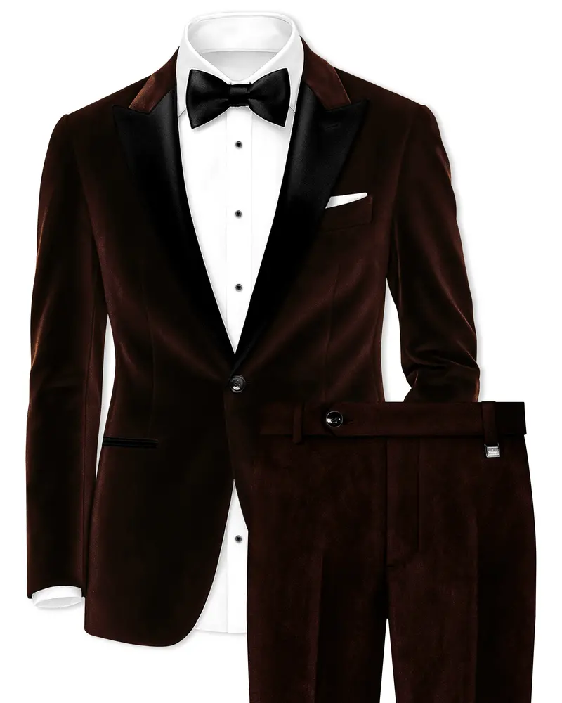 Fumivell-Asphalt Brown Velvet Peak Lapel Tuxedo Suit 1