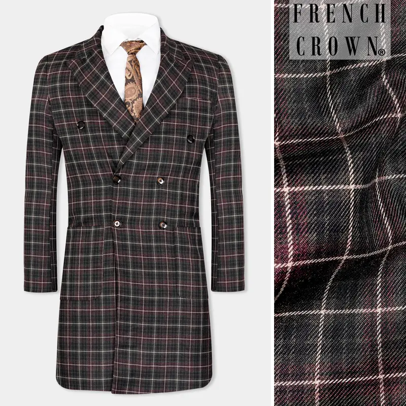 Fuscous Black And Rock Pink Plaid Tweed Double Breasted Overcoat 1