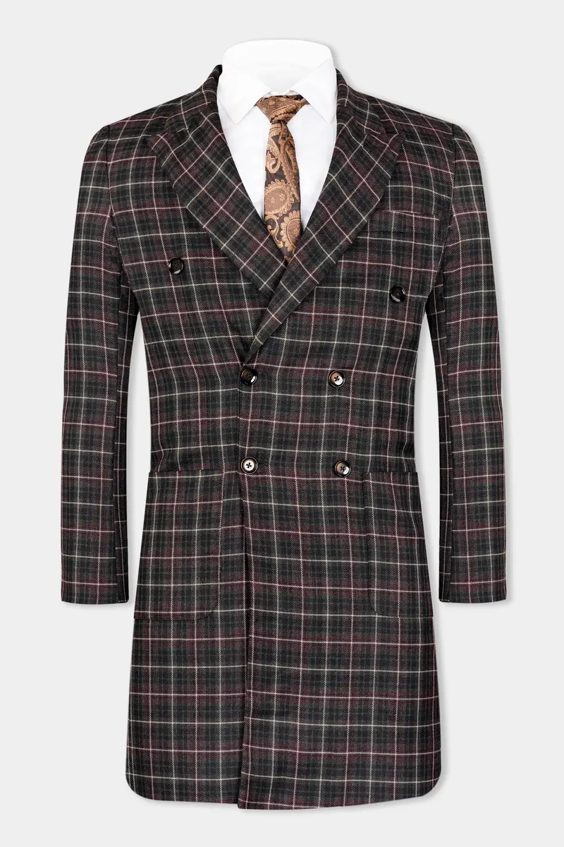 Fuscous Black And Rock Pink Plaid Tweed Double Breasted Overcoat 2