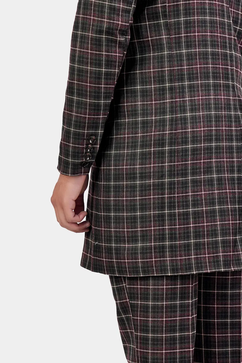 Fuscous Black And Rock Pink Plaid Tweed Double Breasted Overcoat 4