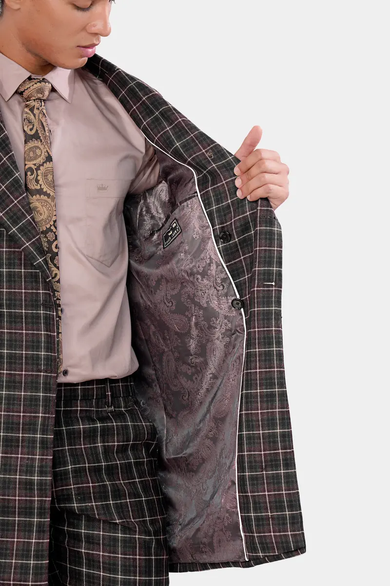 Fuscous Black And Rock Pink Plaid Tweed Double Breasted Overcoat 6