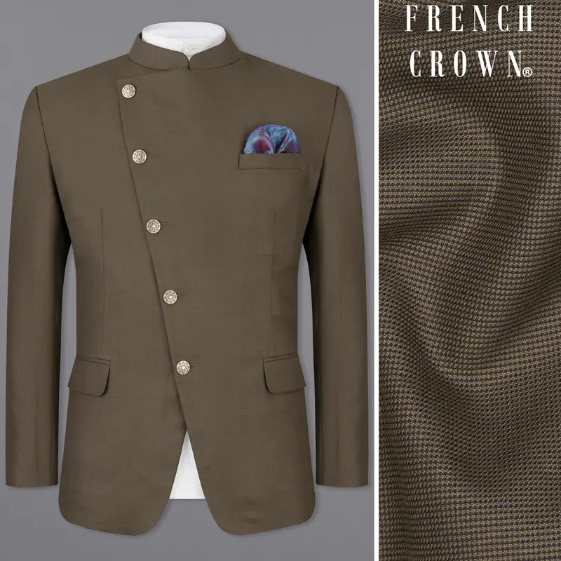 Fuscous Brown Cross Placket Bandhgala Blazer 1