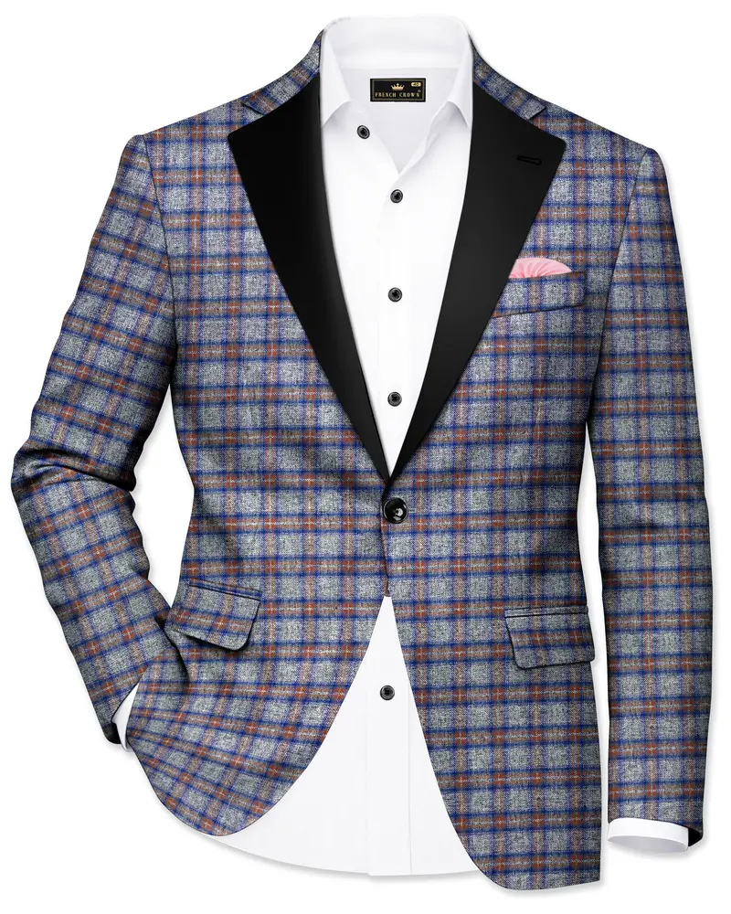 Fuscous Gray Checkered Single Breasted Black Lapel Designer Blazer 1