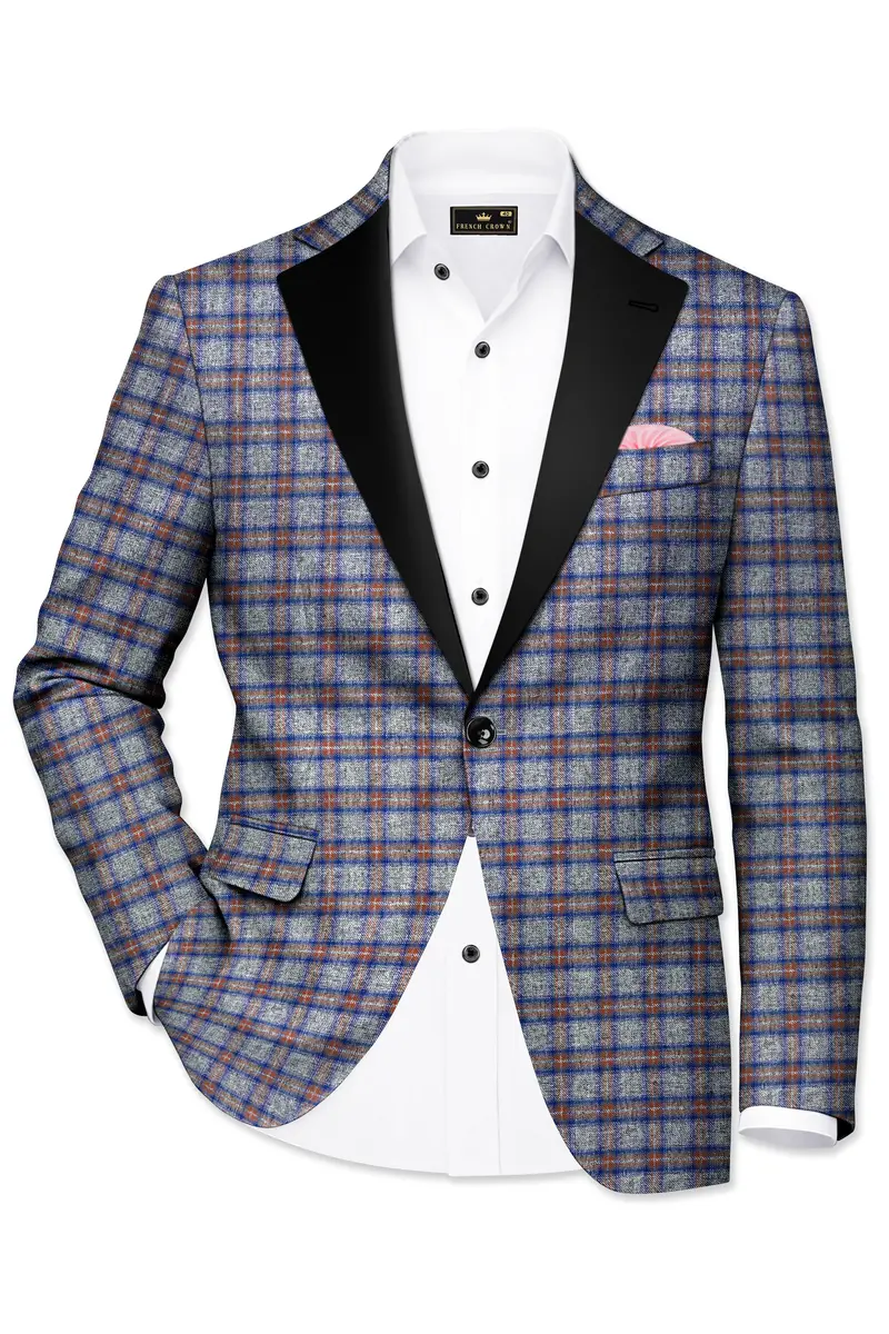 Fuscous Gray Checkered Single Breasted Black Lapel Designer Blazer 2