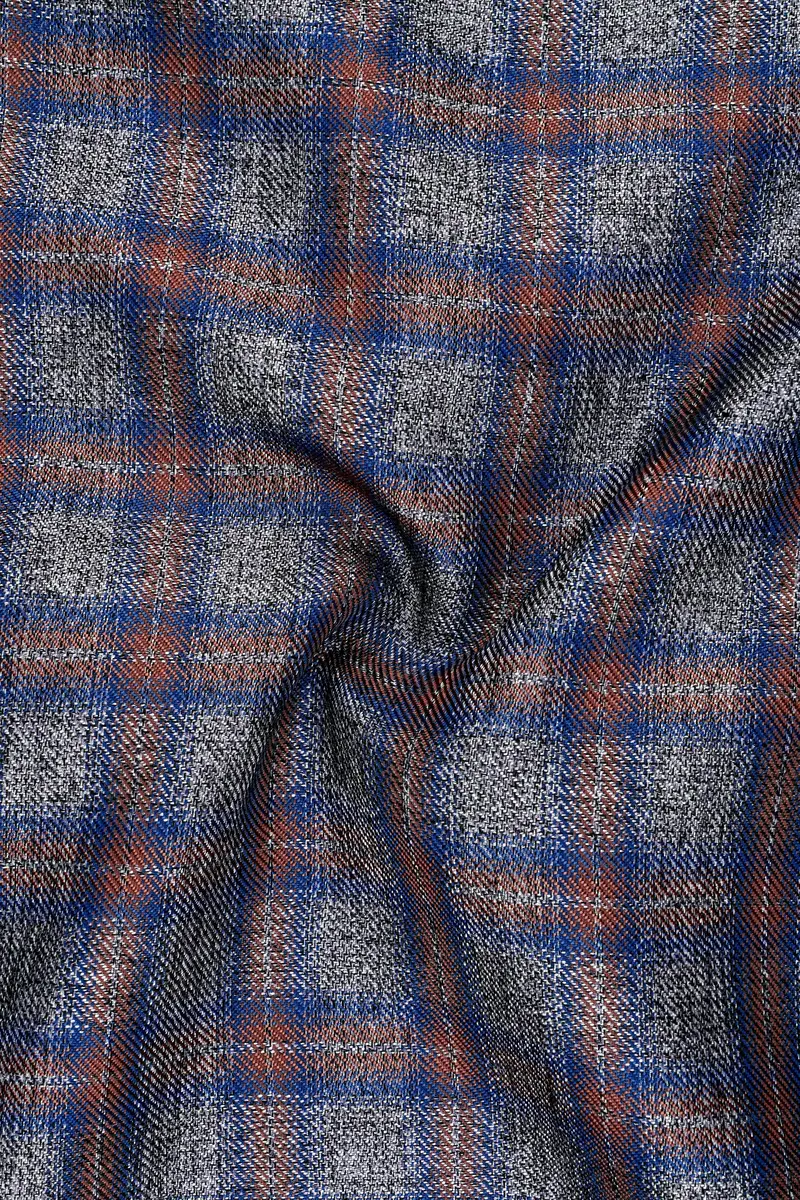 Fuscous Gray Checkered Single Breasted Black Lapel Designer Blazer 3