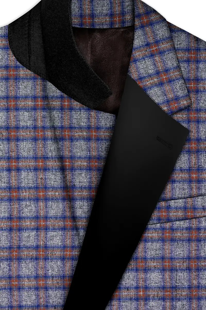 Fuscous Gray Checkered Single Breasted Black Lapel Designer Blazer 4