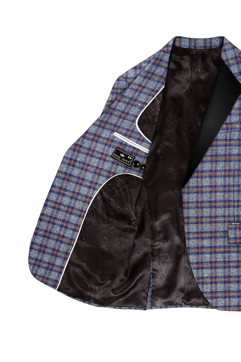 Fuscous Gray Checkered Single Breasted Black Lapel Designer Blazer 5