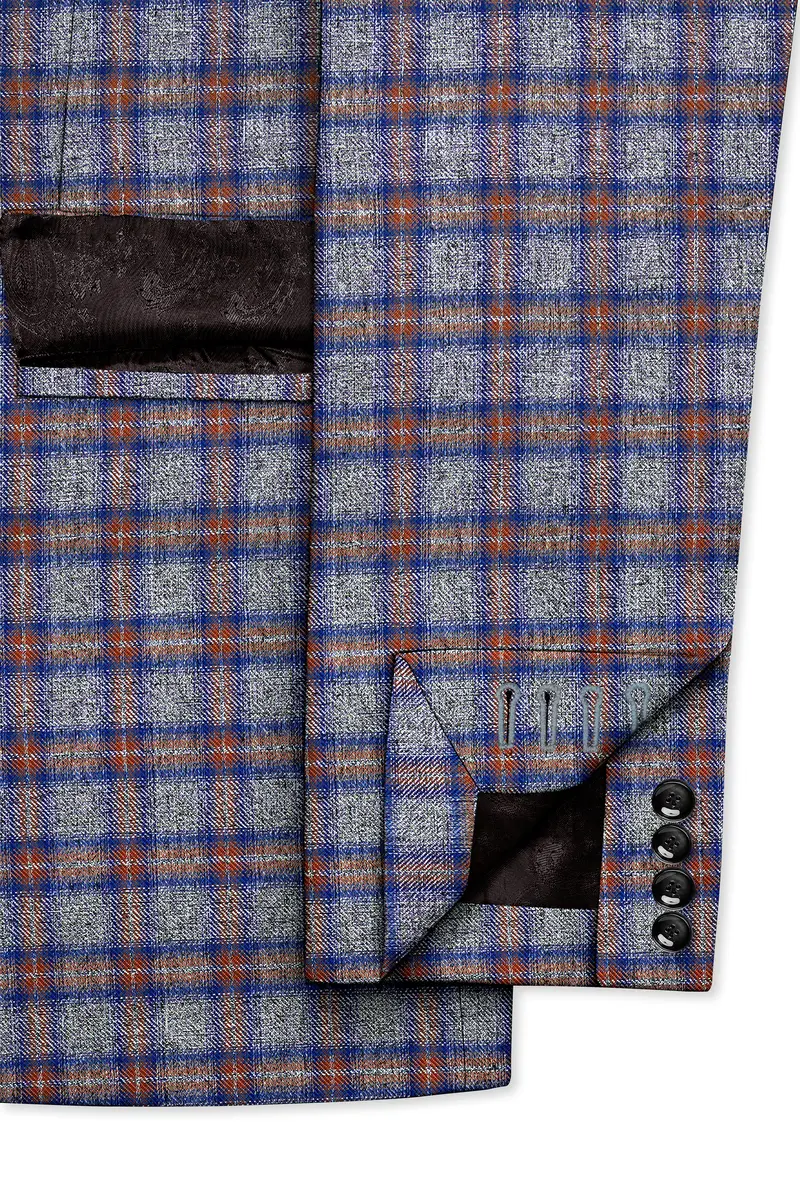 Fuscous Gray Checkered Single Breasted Black Lapel Designer Blazer 6
