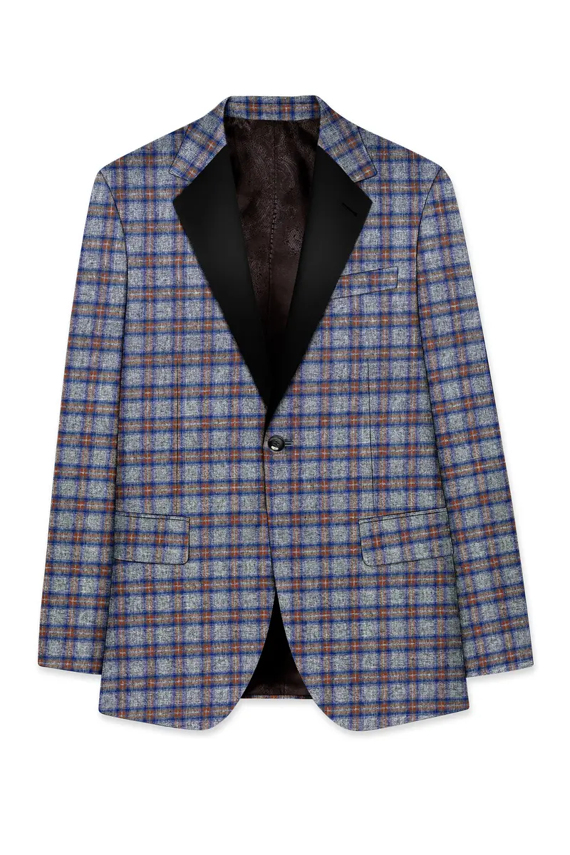 Fuscous Gray Checkered Single Breasted Black Lapel Designer Blazer 7
