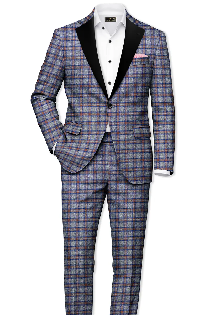 Fuscous Gray Checkered Single Breasted Black Lapel Designer Blazer 9