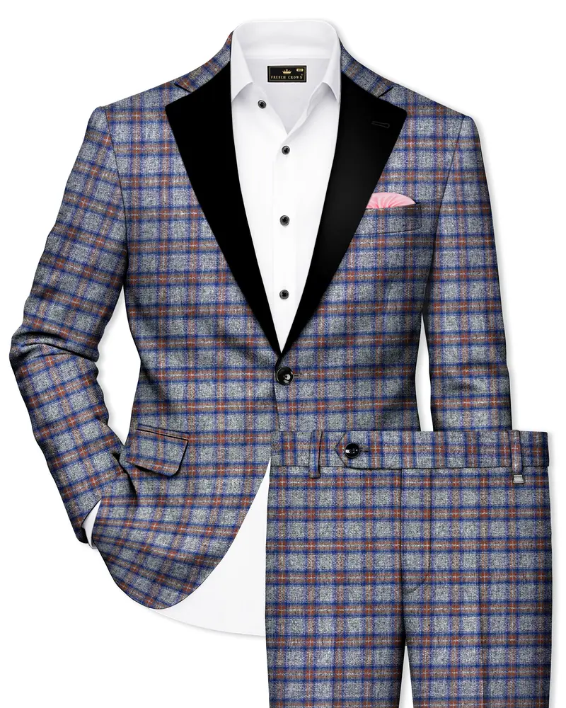 Fuscous Gray Checkered Single Breasted Black Lapel Designer Suit 1