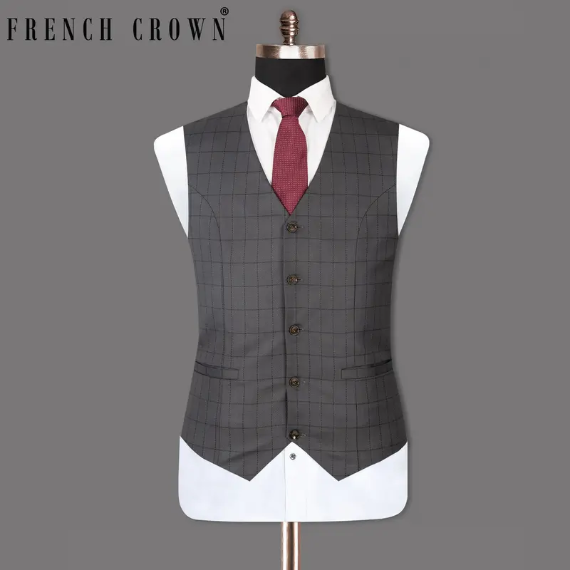 Fuscous Gray Windowpane Wool Rich Waistcoat 1