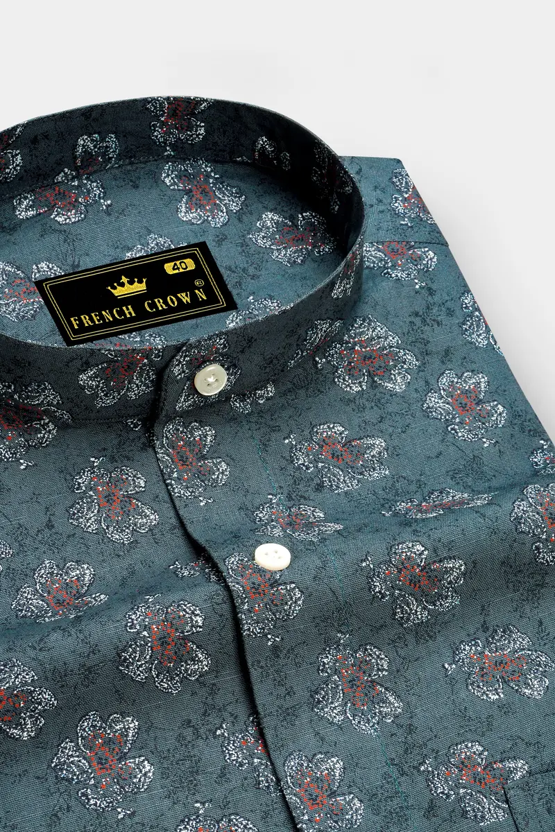 Fuscous Gray With Multicolour Floral Textured Luxurious Linen Shirt 2
