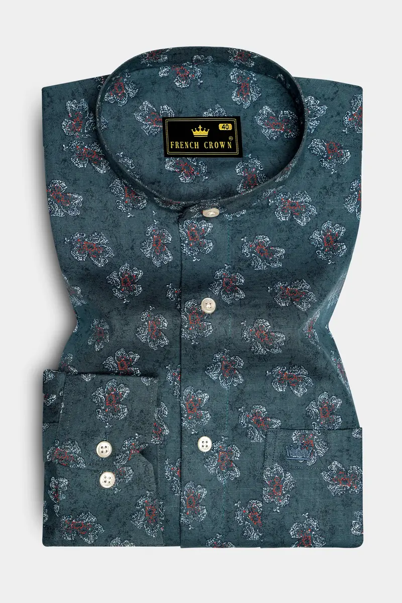 Fuscous Gray With Multicolour Floral Textured Luxurious Linen Shirt 4