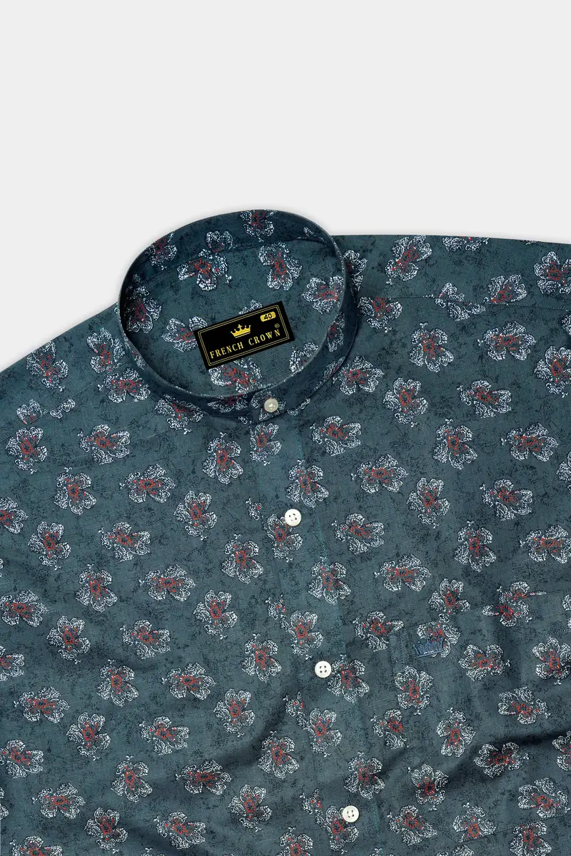 Fuscous Gray With Multicolour Floral Textured Luxurious Linen Shirt 5
