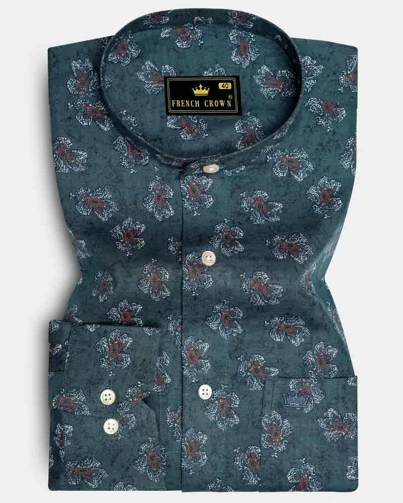 Fuscous Gray With Multicolour Floral Textured Luxurious Linen Shirt 6