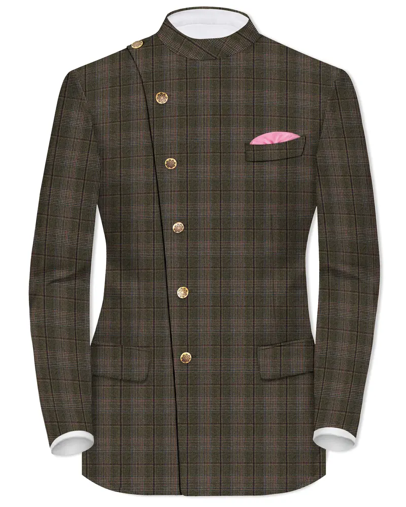 Fuscous Green And Bistre Brown Plaid Wool Rich Cross Placket Bandhgala Blazer 1