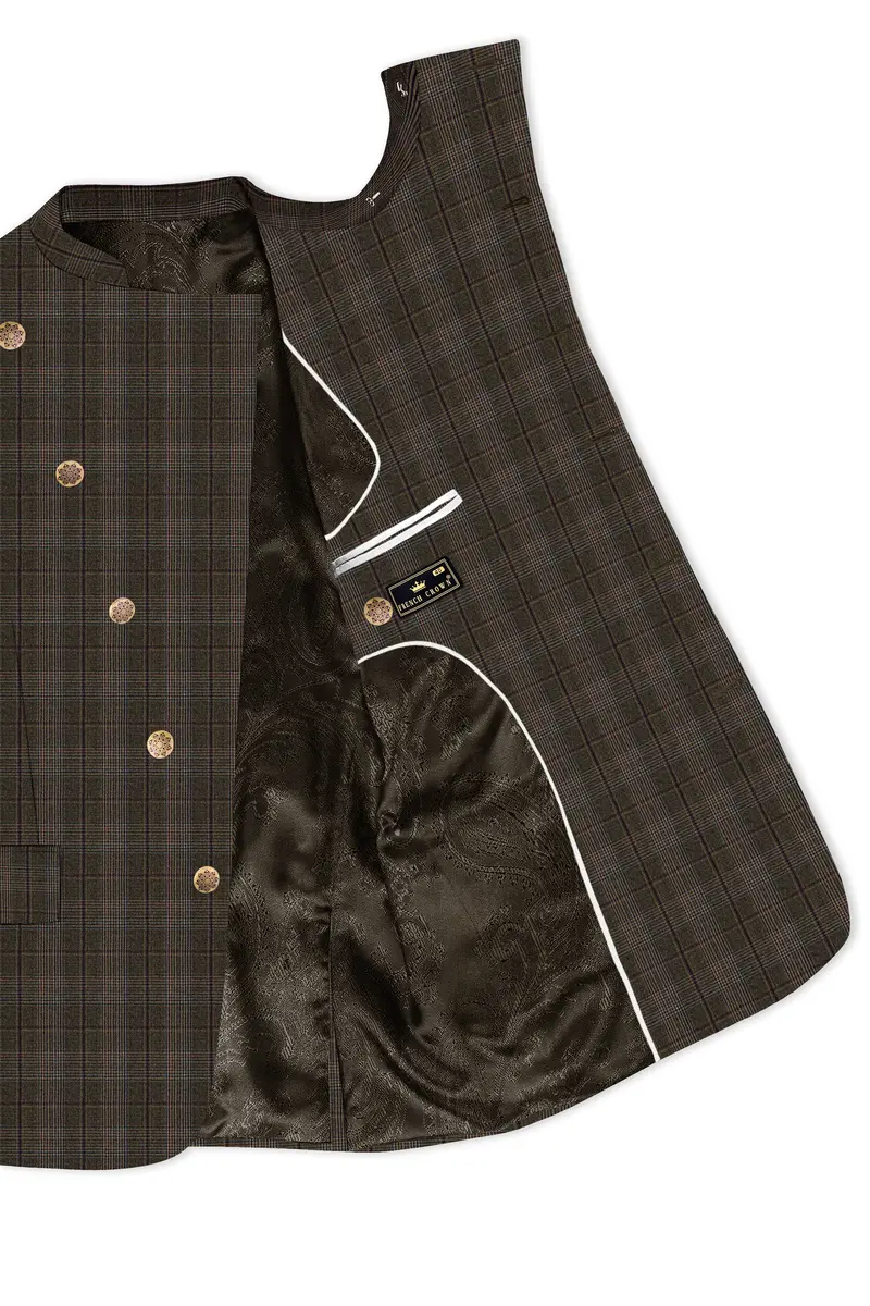 Fuscous Green And Bistre Brown Plaid Wool Rich Cross Placket Bandhgala Blazer 4