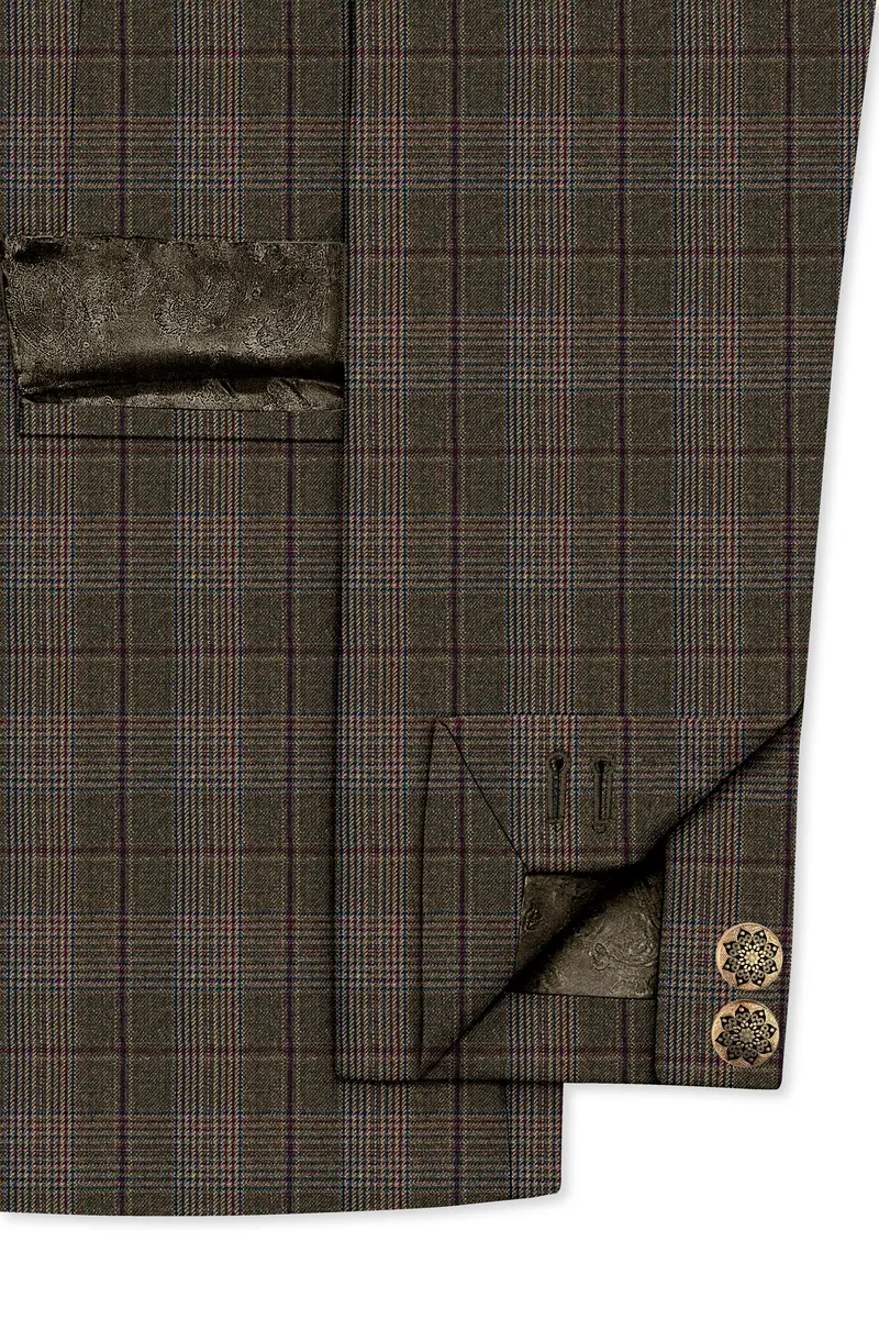 Fuscous Green And Bistre Brown Plaid Wool Rich Cross Placket Bandhgala Blazer 5