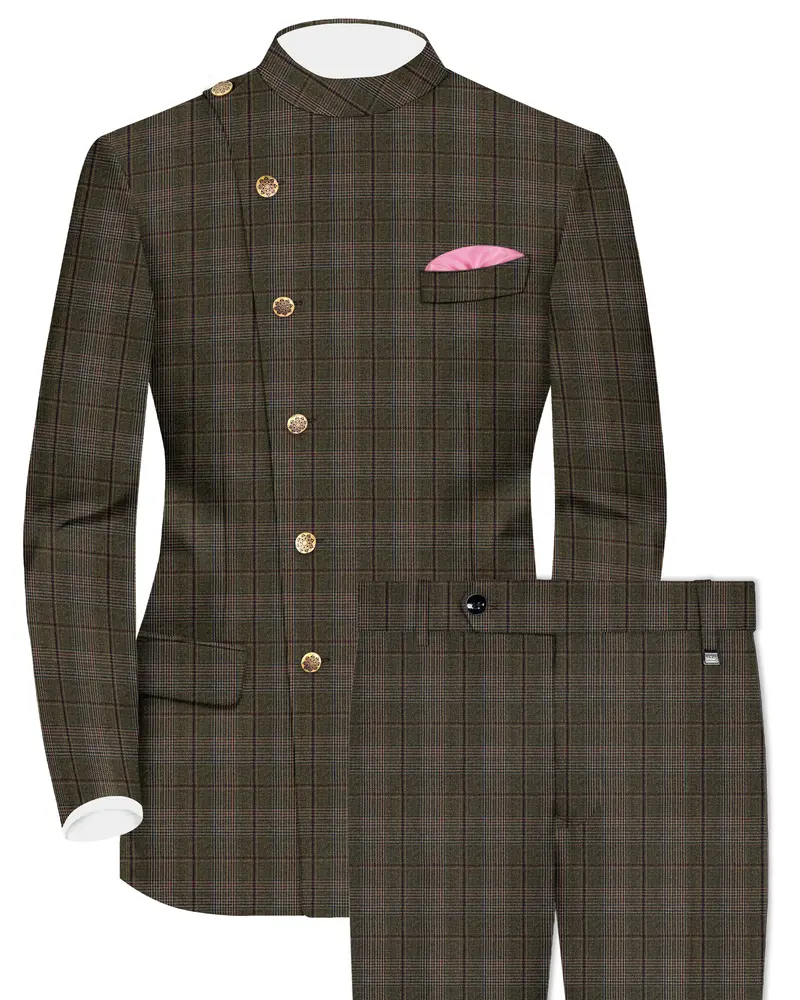 Fuscous Green And Bistre Brown Plaid Wool Rich Cross Placket Bandhgala Suit 1