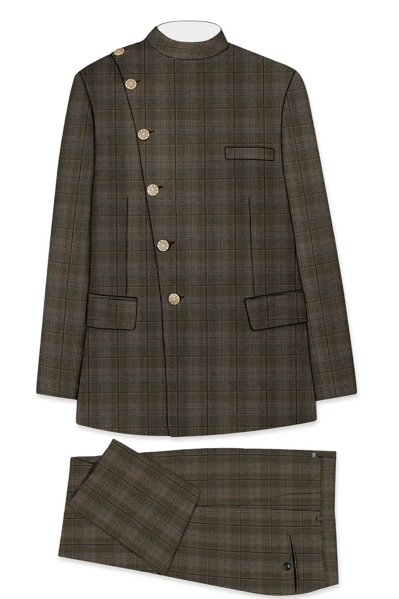 Fuscous Green And Bistre Brown Plaid Wool Rich Cross Placket Bandhgala Suit 10