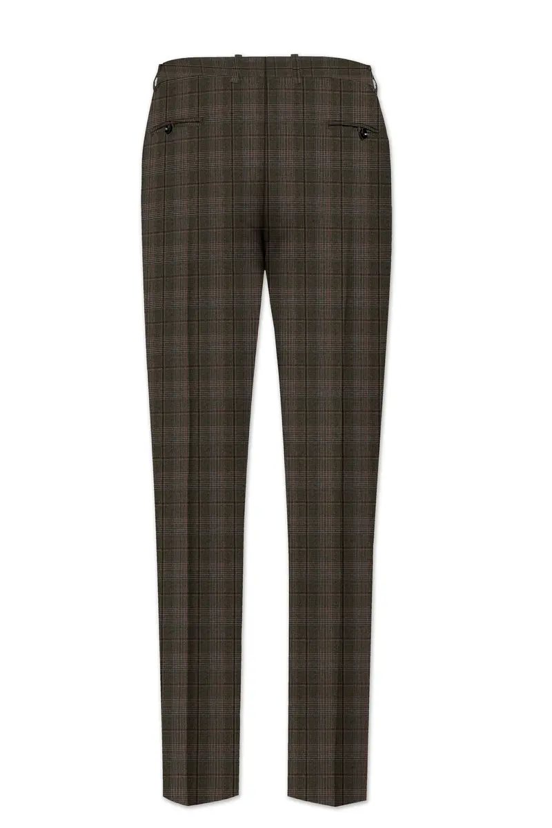 Fuscous Green And Bistre Brown Plaid Wool Rich Cross Placket Bandhgala Suit 13