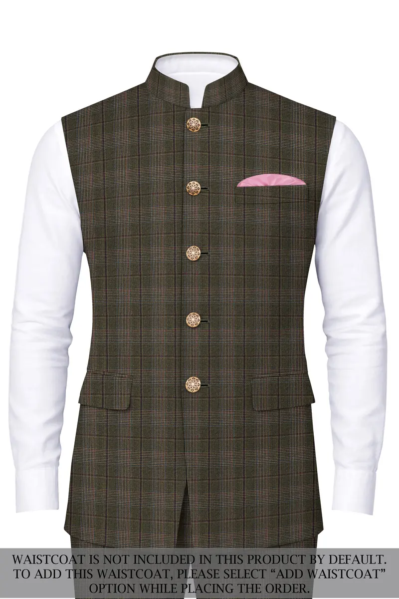 Fuscous Green And Bistre Brown Plaid Wool Rich Cross Placket Bandhgala Suit 15