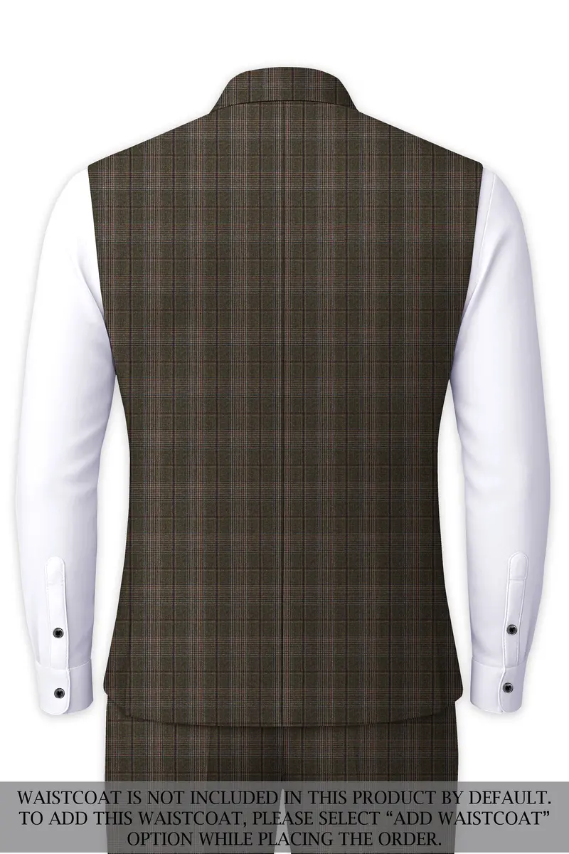 Fuscous Green And Bistre Brown Plaid Wool Rich Cross Placket Bandhgala Suit 16