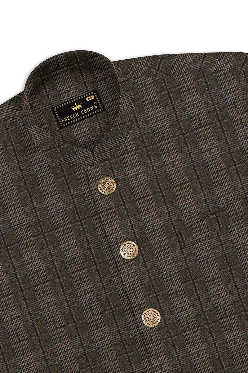 Fuscous Green And Bistre Brown Plaid Wool Rich Cross Placket Bandhgala Suit 17