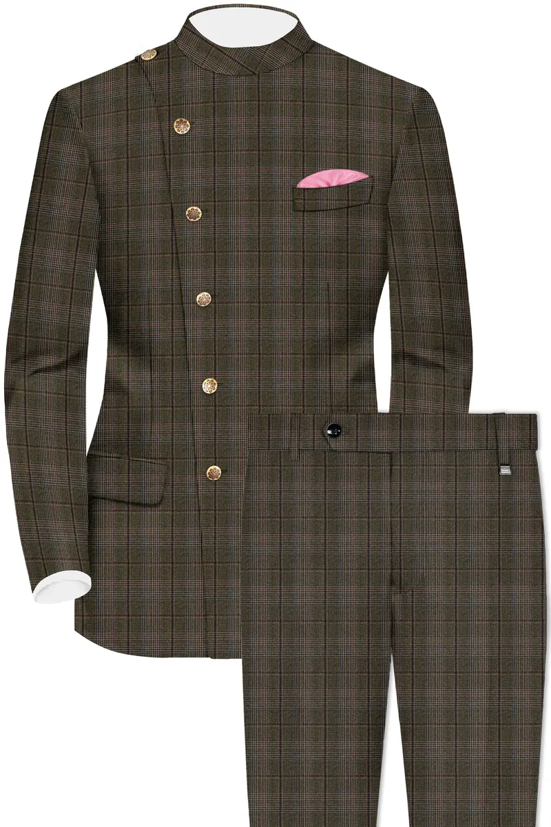Fuscous Green And Bistre Brown Plaid Wool Rich Cross Placket Bandhgala Suit 2