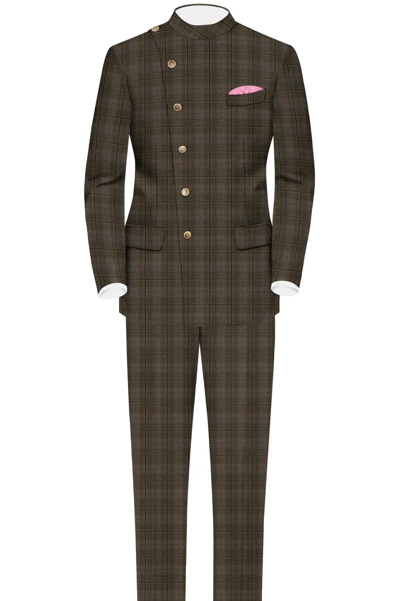 Fuscous Green And Bistre Brown Plaid Wool Rich Cross Placket Bandhgala Suit 4