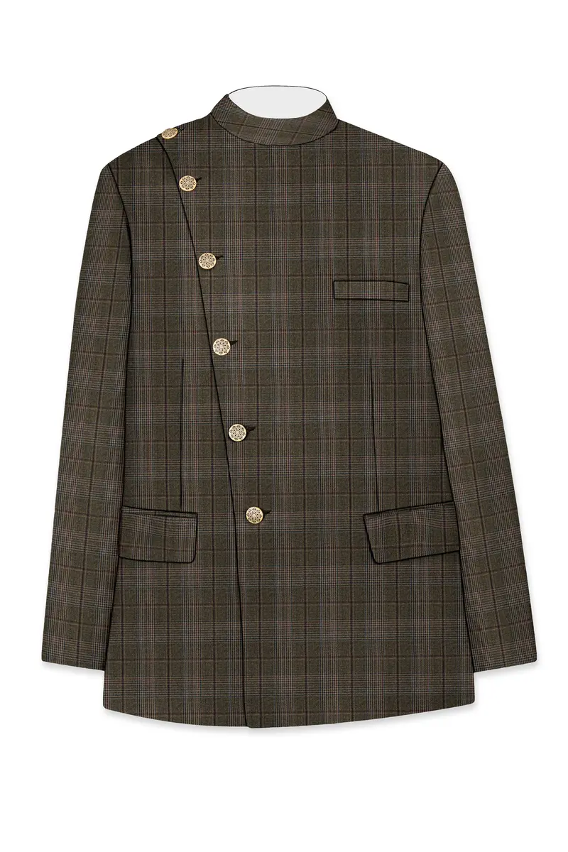 Fuscous Green And Bistre Brown Plaid Wool Rich Cross Placket Bandhgala Suit 7